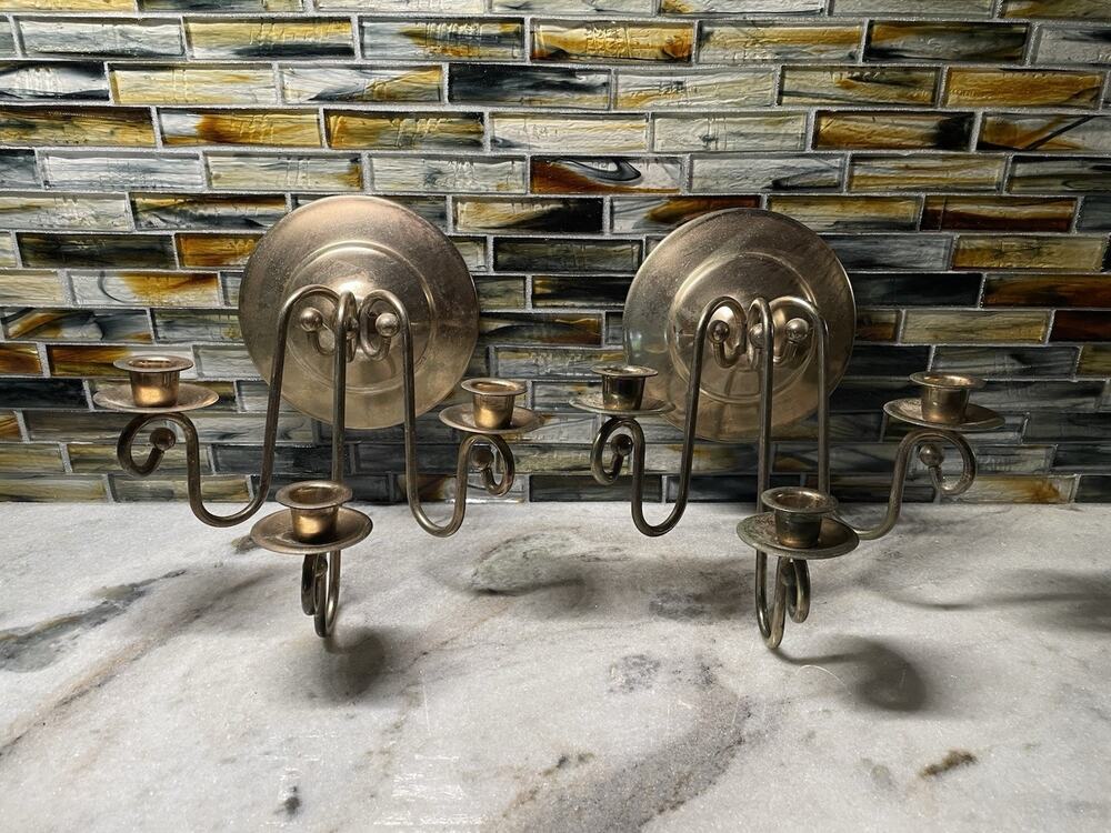 Two Vintage Metal 3 Arm Wall Hanging Candlestick Holder Sconce Hat Coat Hook